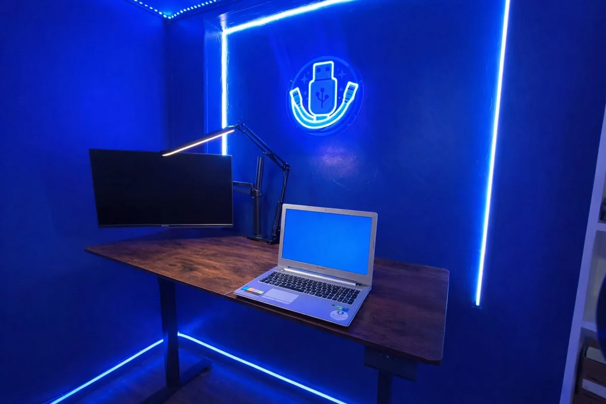 Espace de travail S.A.M Informatique au Bizet, éclairé en bleu